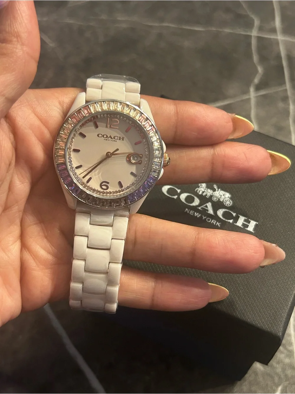 COACH Women's Ceramic Watch with Iridescent Crystal Bezel